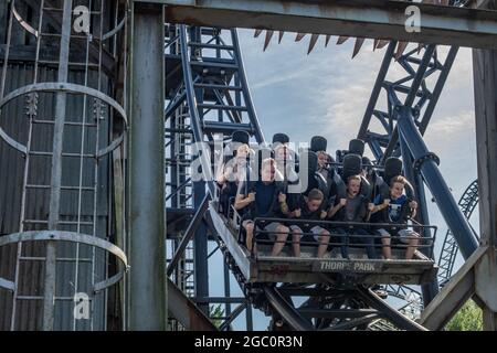 Saw The Ride JIGSAW Killer Movie Themed Rollercoaster Thorpe PArk Theme Park Panning Shots Stock Photo