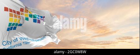 flag of West Hollywood, California at cloudy sky background on sunset, panoramic view. Patriotic concept about Boston and copy space for wide banner. Stock Photo