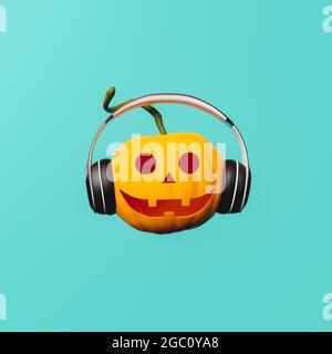 halloween pumpkin with happy face and headphones on blue background. musical avatar. 3d rendering Stock Photo