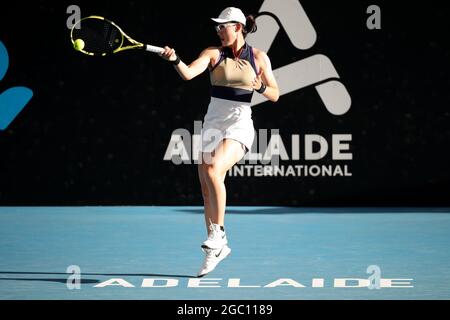 ADELAIDE, AUSTRALIA - FEBRUARY 22: Saisai Zheng of China plays a forehand against Danielle Collins of United States during their singles match on day one of the Adelaide International tennis tournament at Memorial Drive on February 22, 2021 in Adelaide, Australia.  Credit: Peter Mundy/Speed Media/Alamy Live News Stock Photo