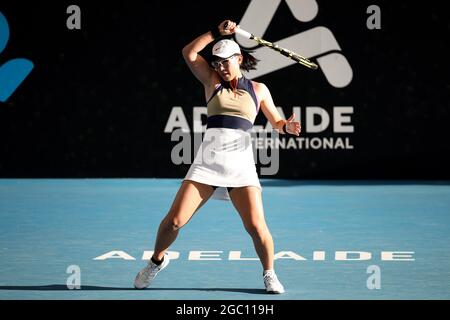 ADELAIDE, AUSTRALIA - FEBRUARY 22: Saisai Zheng of China plays a forehand against Danielle Collins of United States during their singles match on day one of the Adelaide International tennis tournament at Memorial Drive on February 22, 2021 in Adelaide, Australia.  Credit: Peter Mundy/Speed Media/Alamy Live News Stock Photo