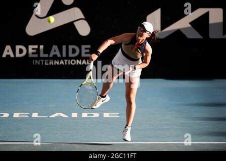 ADELAIDE, AUSTRALIA - FEBRUARY 22: Saisai Zheng of China serves the ball against Danielle Collins of United States during their singles match on day one of the Adelaide International tennis tournament at Memorial Drive on February 22, 2021 in Adelaide, Australia.  Credit: Peter Mundy/Speed Media/Alamy Live News Stock Photo