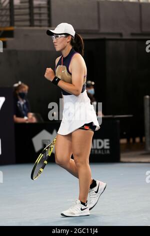 ADELAIDE, AUSTRALIA - FEBRUARY 22: Saisai Zheng of China reacts on a point against Danielle Collins of United States during their singles match on day one of the Adelaide International tennis tournament at Memorial Drive on February 22, 2021 in Adelaide, Australia.  Credit: Peter Mundy/Speed Media/Alamy Live News Stock Photo