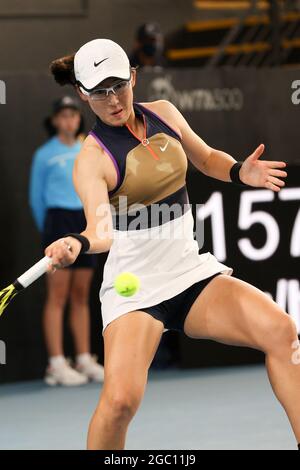 ADELAIDE, AUSTRALIA - FEBRUARY 22: Saisai Zheng of China plays a forehand against Danielle Collins of United States during their singles match on day one of the Adelaide International tennis tournament at Memorial Drive on February 22, 2021 in Adelaide, Australia.  Credit: Peter Mundy/Speed Media/Alamy Live News Stock Photo