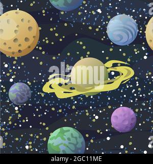 Cosmos background. Planets and satellites. Seamless pattern. Childrens illustration. Starry sky landscape. Flat style. Cartoon design. Vector Stock Vector