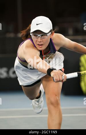 ADELAIDE, AUSTRALIA - FEBRUARY 22: Saisai Zheng of China plays a forehand against Danielle Collins of United States during their singles match on day one of the Adelaide International tennis tournament at Memorial Drive on February 22, 2021 in Adelaide, Australia.  Credit: Peter Mundy/Speed Media/Alamy Live News Stock Photo