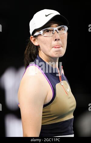 ADELAIDE, AUSTRALIA - FEBRUARY 22: Saisai Zheng of China reacts on a point against Danielle Collins of United States during their singles match on day one of the Adelaide International tennis tournament at Memorial Drive on February 22, 2021 in Adelaide, Australia.  Credit: Peter Mundy/Speed Media/Alamy Live News Stock Photo