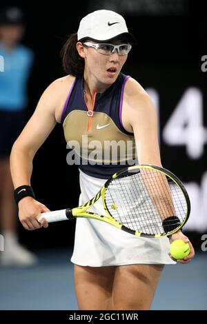 ADELAIDE, AUSTRALIA - FEBRUARY 22: Saisai Zheng of China serves the ball against Danielle Collins of United States during their singles match on day one of the Adelaide International tennis tournament at Memorial Drive on February 22, 2021 in Adelaide, Australia.  Credit: Peter Mundy/Speed Media/Alamy Live News Stock Photo