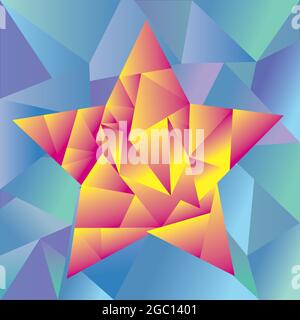 Abstract star shape in red triangles. Background are blue triangles. All is in gradient colors Stock Vector