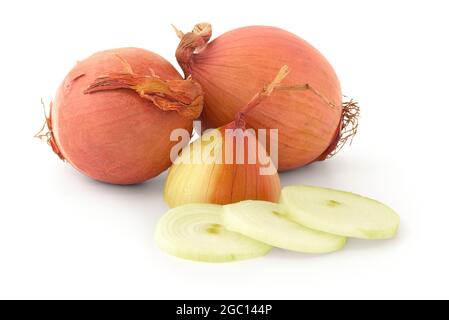 Fresh brown onion bulbs isolated on white background Stock Photo