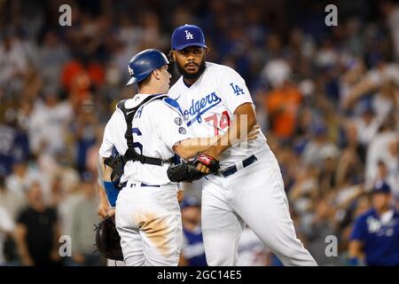 Los Angeles Dodgers pitcher Kenley Jansen (74) celebrates a dodgers victory after  an MLB regular season game against the Houston Astros, Wednesday, A Stock Photo
