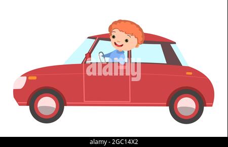 Childrens car. Kid boy rides on red modern automobile. Toy vehicle. With a motor. Cute passenger auto. Isolated on white background. Vector Stock Vector