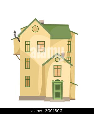 Simple cartoon house with a chimney. Cozy narrow rural dwelling in a traditional European style. Cute yellow home. Isolated on white background Stock Vector