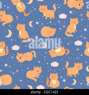 Cats pattern with moon, stars and clouds. Cute ginger cat character in cartoon style, vector illustration Stock Vector