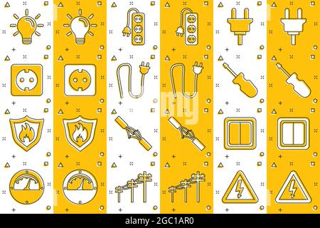 Vector cartoon electricity icons set in comic style. Electrician sign illustration pictogram. Voltage technology business splash effect concept. Stock Vector