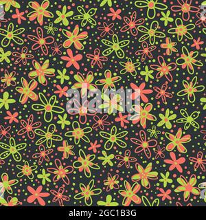 Retro ditsy scribbled doodle flower vector seamless pattern background. Dense millefleur style hand drawn florals on black backdrop. Orange, green Stock Vector