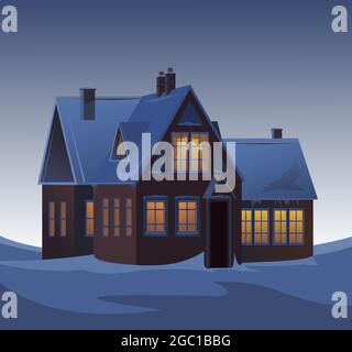 Rural small house in winter. Landscape. Dark. Christmas night. Quiet winter evening. The gable roof is covered with snow. Nice and cozy suburban Stock Vector