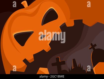 Banner with giant pumpkin head and cemetery. Halloween placard design in cartoon style. Stock Vector