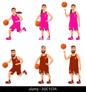 Male and female basketball players. Man and woman in different poses. Stock Vector