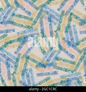 Abstract vector gauze brush effect rectangles seamless pattern background.Backdrop of scattered pink blue yellow painterly striped shapes with spliced Stock Vector