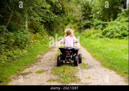 5 year old girl riding children size ATV vehicle without helmet, danger and accident concept. Summer day in forest on small road. Stock Photo