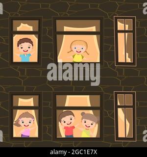 House windows. Children are having fun. Night. Cartoon style school. Stone walls of a high-rise building. Little boys and girls. Flat style. Vector Stock Vector