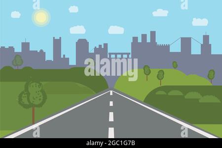 Road To City. Straight empty road through the meadow. Summer landscape Stock Vector