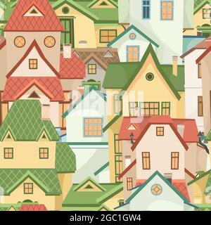 The town is small. Street. Seamless illustration with cartoon village or city houses. Day. Nice cozy private residence in traditional style Stock Vector