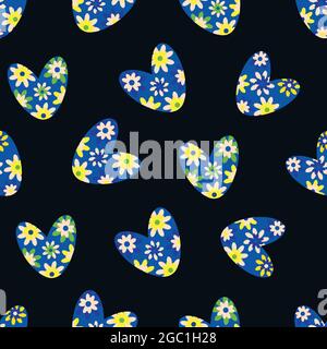Seamless love heart vector seamless pattern in boho style. Retro blue yellow white hearts on black backdrop. Simple folk art floral hearts repeat. All Stock Vector