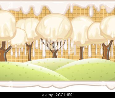 Fabulous sweet forest. Ice cream, drips of white milk cream. Trees with chocolate trunks. Cute hilly landscape for children. Beautiful fantastic Stock Vector