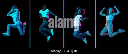 Jumping. Collage of images of four young men and women in motion isolated over black background in neon lights. Flyer Stock Photo