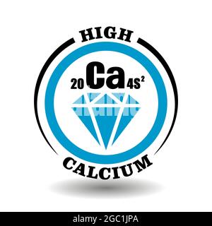 Circle vector icon with chemical Calcium symbol and mineral illustration of blue diamond crystal for packaging signs of cosmetics and medical products Stock Vector