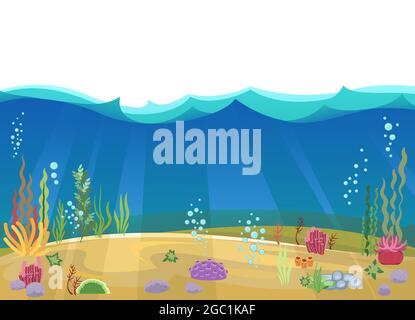 Sandy bottom of the reservoir. Blue transparent clear water. Sea ocean. Underwater landscape with plants, algae and corals. Isolated. Illustration in Stock Vector