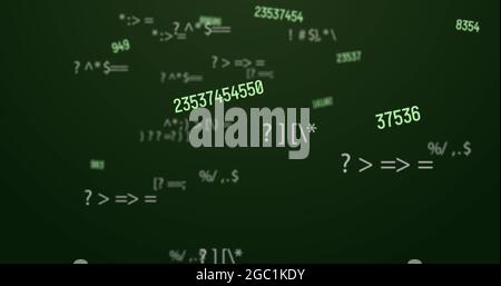 Digital image of multiple changing numbers and symbols against green background Stock Photo