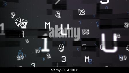 Digital image of multiple changing numbers and alphabets against black background Stock Photo