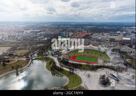 MUNICH, GERMANY - MARCH 09: Stadium of the Olympiapark in Munich, Germany, is an Olympic Park which was constructed for the 1972 Summer Olympics on Ma Stock Photo