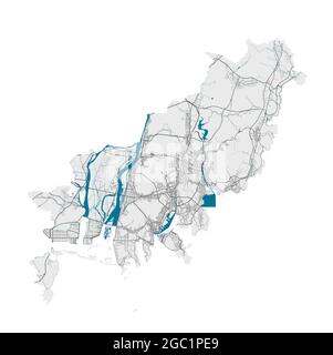 Busan map. Detailed map of Busan city administrative area. Cityscape panorama. Royalty free vector illustration. Outline map with highways, streets, r Stock Vector