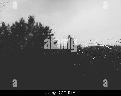 Raindrops on the car window glass. Road and trees. Black and white photo. Stock Photo
