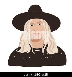 Stylish model man in a black hat and long blonde hair. Fashionable male portrait in flat cartoon style. Middle aged stylish guy avatar isolated on whi Stock Vector