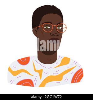 Portrait of black man student with eyeglasses and trendy outfit. Vector illustration avatar of stylish young african american man in cartoon flat styl Stock Vector