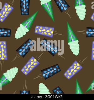 seamless pattern of paper cups with coffee and ice cream on brown background Stock Vector