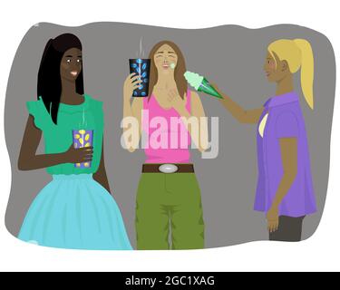 on a typical day, friends chat, joke, drink coffee and eat ice cream Stock Vector