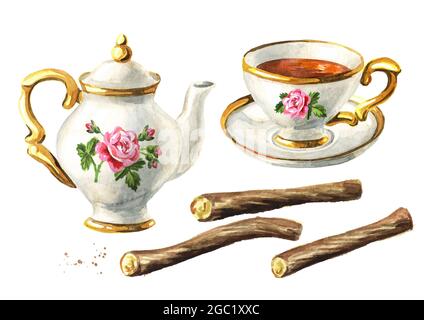 Teapot, cup of tea and Licorice set. Hand drawn watercolor illustration isolated on white background Stock Photo