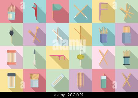 Toothpick icons set flat vector. Clean accessory. Dental toothpick Stock Vector
