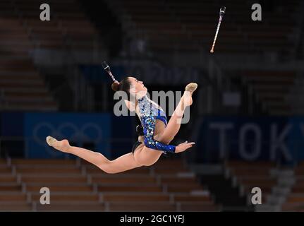 Tokyo, Japan. 6th Aug, 2021. Nicol Zelikman of Israel performs during the rhythmic gymnastics individual all-round qulification at Tokyo 2020 Olympic Games in Tokyo, Japan, Aug. 6, 2021. Credit: Cheng Min/Xinhua/Alamy Live News Stock Photo