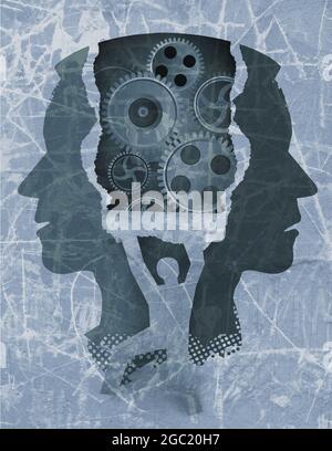 Schizophrenia psychiatric examination concept. Stylized Male head silhouettes and male silhouette ripping blue paper background with gear. Stock Photo