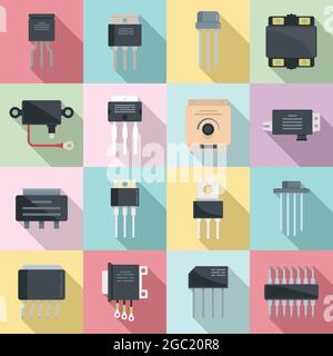 Voltage regulator icons set flat vector. Battery argon. Charger controller Stock Vector