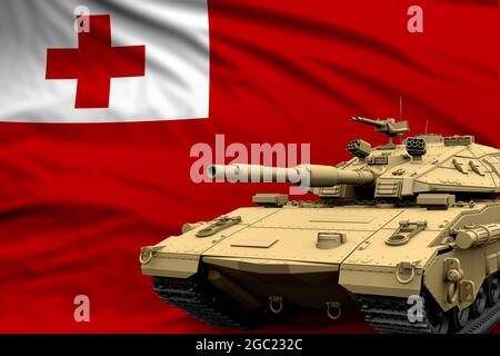 Heavy tank with fictional design on Tonga flag background - modern tank army forces concept, military 3D Illustration Stock Photo