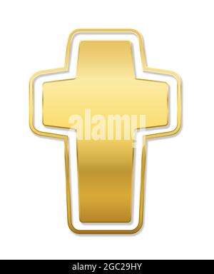 Christian cross, golden colored crucifix pendant - symbol illustration on white background. Stock Photo
