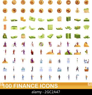 100 finance icons set. Cartoon illustration of 100 finance icons vector set isolated on white background Stock Vector